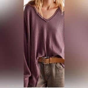 FREE PEOPLE Caroline Waffle V- Neck Long Sleeve Thermal in Potent purple SzS NWT